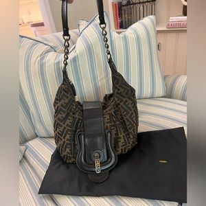 Fendi Zucca Brown Shoulder Bag with Belt Buckle
